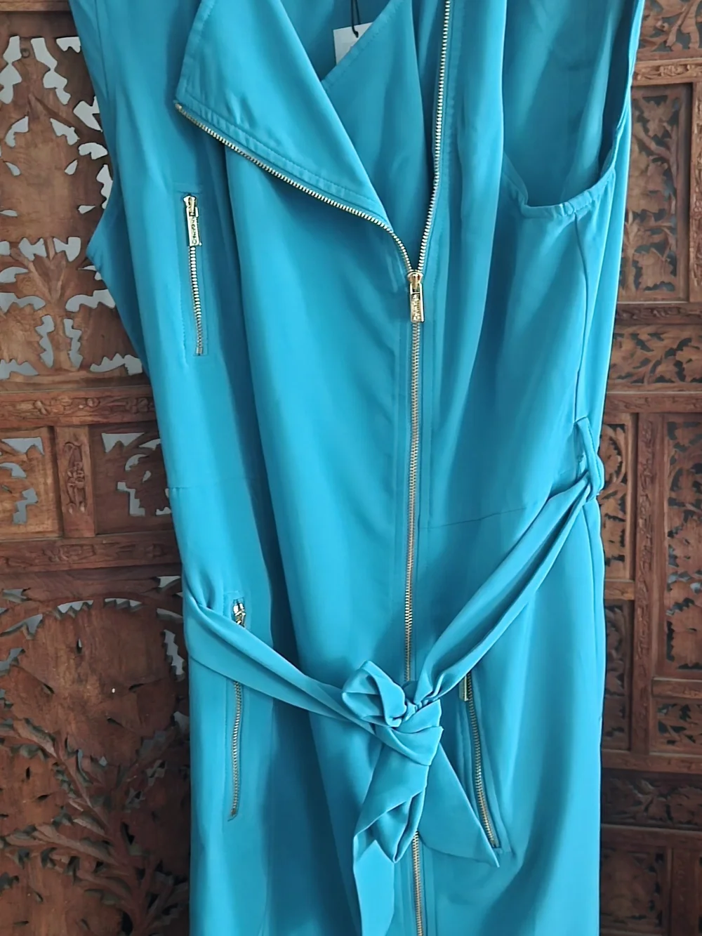Calvin Klein Emerald Green Asymmetrical Zip Belted Sheath Dress